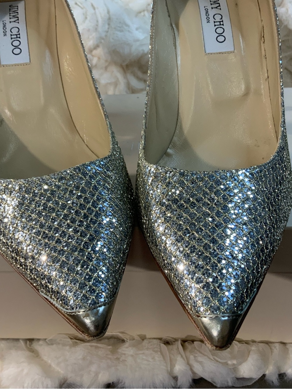 Jimmy Choo Silver Glitter Pointed Pumps with Stiletto Heel - Picture 2 of 5